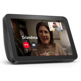 Echo Show 8 showing a dad and kid videocalling grandma on white background