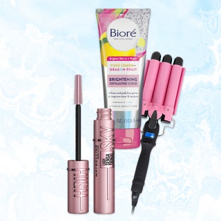 Maybelline New York mascara, Bioré scrub, and Trademark Beauty waver on blue background with Best of Beauty seal